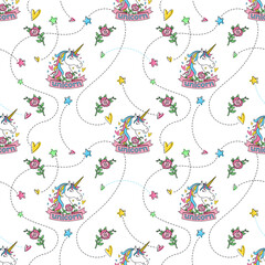 Seamless pattern with unicorns, flowers, hearts and stars. Cartoon character. Doodle vector illustration. Works well as a design for kid accessories, poster, greeting card, label or apparel print