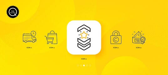Fototapeta na wymiar Delivery, Shoulder strap and Sale bags minimal line icons. Yellow abstract background. Cream, Copyright locker icons. For web, application, printing. Cargo schedule, Star rank, Shopping cart. Vector