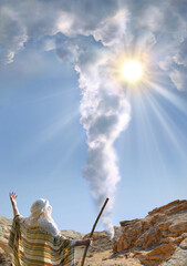 A pillar of cloud leads Moses across the desert