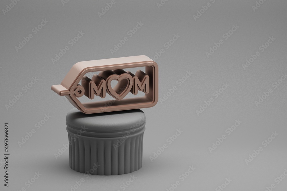 Poster Beautiful abstract illustrations badge with word MOM and heart symbol icons on a column and wonderful background. 3d rendering illustration. Background pattern for design. Mothers Day.