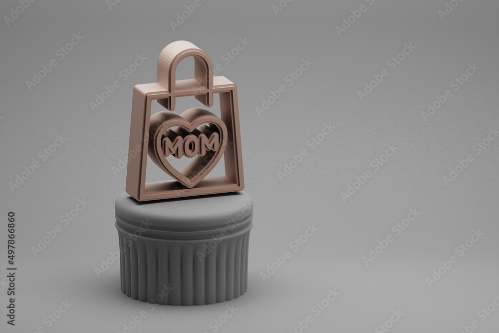 Poster Beautiful abstract illustrations shopping pack with word MOM and heart symbol icons on a column and wonderful background. 3d rendering illustration. Background pattern for design. Mothers Day.