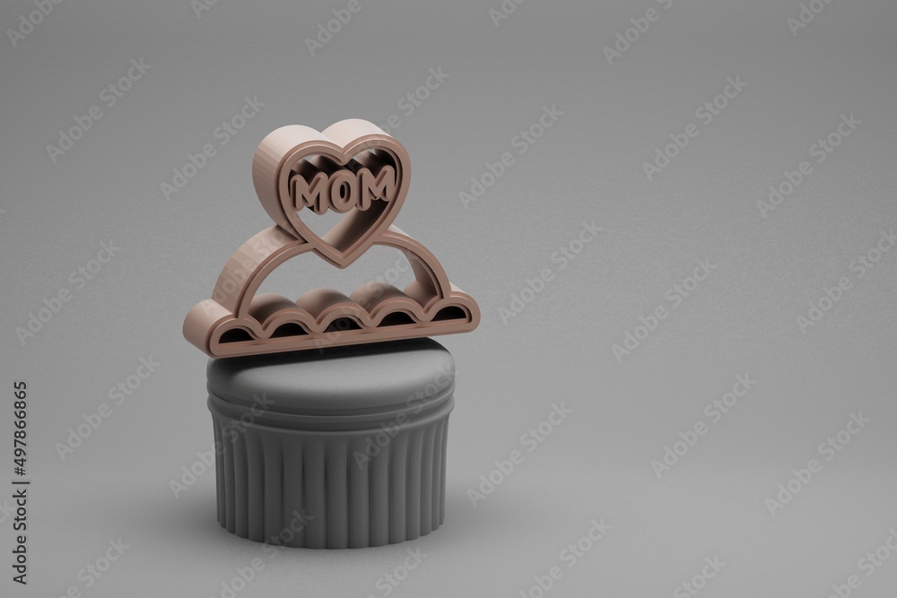 Poster Beautiful abstract illustrations cake with word MOM and heart symbol icons on a column and wonderful background. 3d rendering illustration. Background pattern for design. Mothers Day.