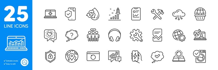 Outline icons set. Globe, Web analytics and Phone insurance icons. Online chemistry, Question mark, Friends chat web elements. Corrupted file, Recycle water, Accounting signs. Shield. Vector