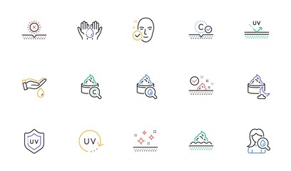 Skin care line icons. Collagen, Cream, Serum oil and Skincare. Face sun lotion gel, Uv protection, vitamin E icons. Face skin care cream protection. Linear set. Bicolor outline web elements. Vector