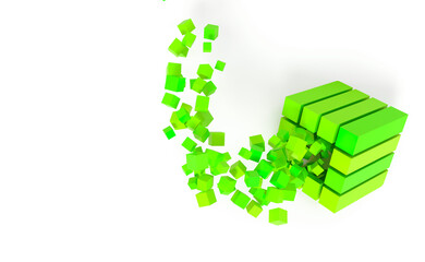 Abstract creative modern green and white 3D background a three-dimensional cube lying on its side and exploding small cube particles flying out of it. 3d illustration
