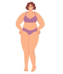 Sad unhappy woman with fat body. Plus-size female in underwear with obesity. Shy person with low self-esteem, dissatisfied with overweight. Flat  illustration isolated on white background
