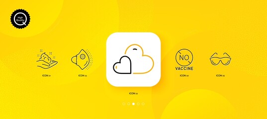 Care, Skin care and Eyeglasses minimal line icons. Yellow abstract background. Medical mask, No vaccine icons. For web, application, printing. Share love, Hand cream, Optometry. Surgical mask. Vector