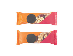 Energy bars with nuts and dried fruit isolated on white background. High protein snack for sport