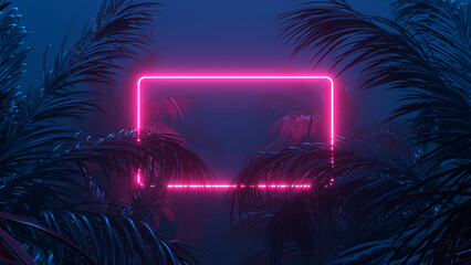 Neon lighting, palms and abstract shapes composition. 3d rendering