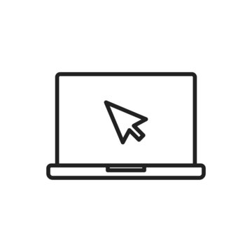 Laptop with mouse on the screen thin line icon. Linear symbol. Vector illustration..