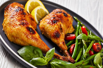 juicy roast chicken legs with green beans salad