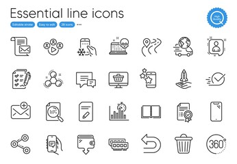 Report timer, Road and Book line icons. Collection of Undo, Refrigerator app, Video conference icons. Certificate, Web shop, Search file web elements. Delivery service, Edit document, Share. Vector