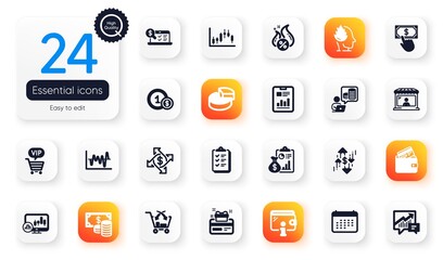 Set of Finance flat icons. Calendar, Dollar rate and Cross sell elements for web application. Stock analysis, Vip shopping, Market seller icons. Pie chart, Checklist, Payment click elements. Vector