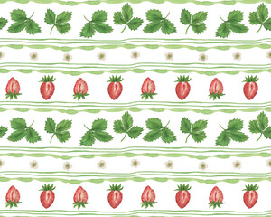Watercolor painting summer seamless pattern with green strawberry leaves, white flowers, red berries and abstract lines