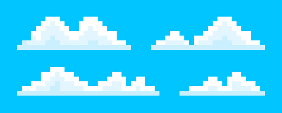 Set of pixel clouds. 8-bit. Video game style. Vector illustration