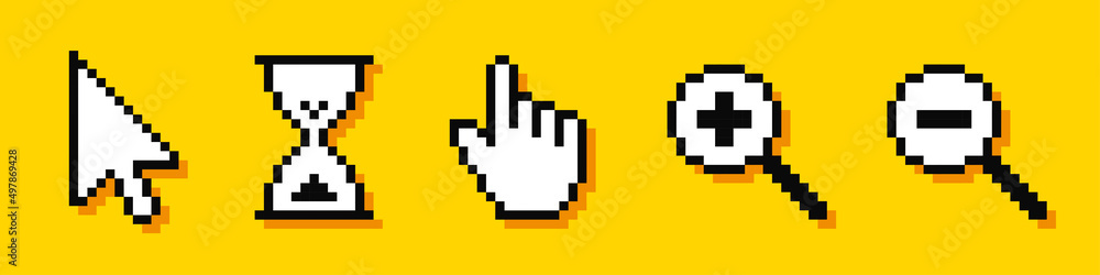Poster set of pixel cursors. cursor pointers. arrow, hourglass, hand and magnifier. computer mouse. 8-bit. 