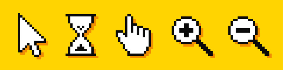 Set of pixel cursors. Cursor pointers. Arrow, hourglass, hand and magnifier. Computer mouse. 8-bit. Video game style. Vector illustration