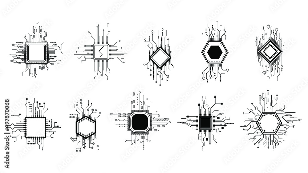 Fototapete set abstract collection black simple line cpu, computer, technology doodle outline element vector de