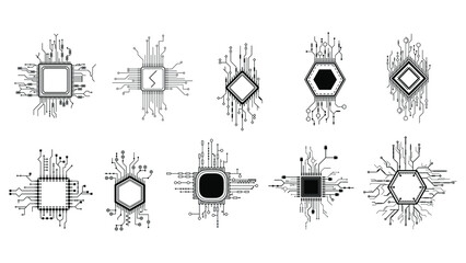 Set Abstract Collection Black Simple Line Cpu, Computer, Technology Doodle Outline Element Vector Design Style Sketch Isolated On White Background Illustration