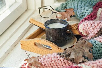A сup of tea, a book and dry leaves on the wooden windowsill. Autumn concept.	
