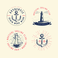 Set of vintage nautical labels and icons.