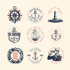 Set of vintage nautical labels and icons.