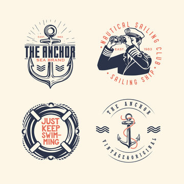 Set of vintage nautical labels and icons.