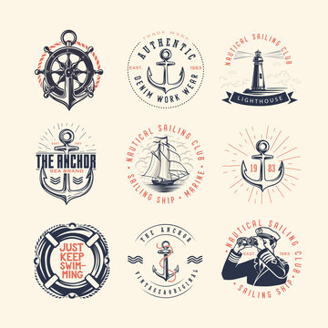 Set of vintage nautical labels and icons.