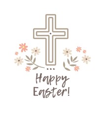 A cross among flowers.Happy easter. Cute card. Vector cross isolated. Catholic.Flowers.Blossom. Cute Easter greeting card with flowers.Isolated