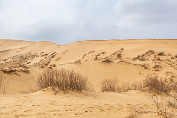 Fototapeta na wymiar Sarykum dune. Dagestan, Russia. A unique sandy mountain in the Caucasus on a cloudy day. Grass grows on a sand dune.