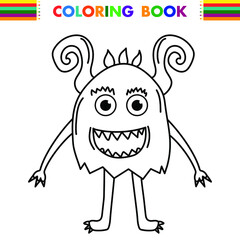 Funny and cute Alien monster with three eyes for kids. Imaginary creature for children coloring book, black and white outline fantasy cartoon for coloring pages.