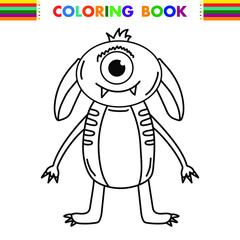 Funny and cute Alien monster with three eyes for kids. Imaginary creature for children coloring book, black and white outline fantasy cartoon for coloring pages.