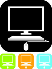 Desktop office PC monitor with blank screen, keyboard and mouse illustration. Computer hardware store or electronics repair shop logo. Vector icon 
