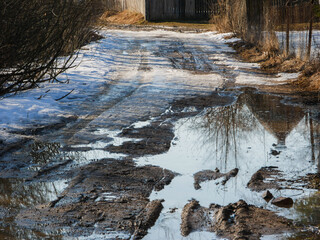 Bad muddy dirt сountry road.