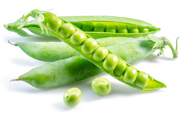 Perfect green peas in pod isolated on white background.