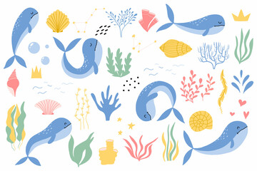 Fototapeta premium Set with whales, algae and shells. Childish hand drawn set of cute whales. Undersea world. Vector illustration.