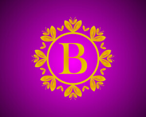 Alphabet B luxury logo design with gold color gradation and gold leaf circle suitable for bathing, hotel, beauty and grooming. against a violet VelVet background.