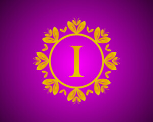 Alphabet I luxury logo design with gold color gradation and gold leaf circle suitable for bathing, hotel, beauty and grooming. against a violet VelVet background.