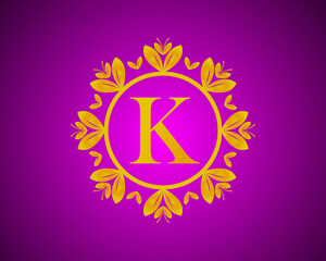 Alphabet K luxury logo design with gold color gradation and gold leaf circle suitable for bathing, hotel, beauty and grooming. against a violet VelVet background.