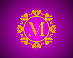 Alphabet M luxury logo design with gold color gradation and gold leaf circle suitable for bathing, hotel, beauty and grooming. against a violet VelVet background.
