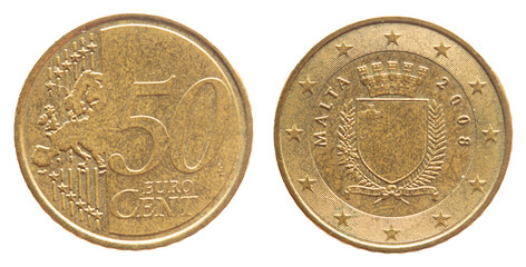 Malta - circa 2008: a 50 cent coin of Malta with the map of Europe and the coat of arms of Malta