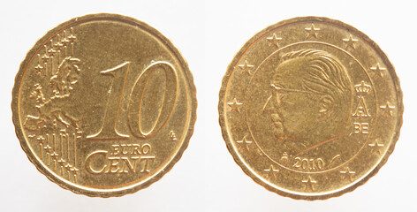 Belgium - circa 2010: a 10 cent coin of Belgium with the map of Europe and a portrait of King...