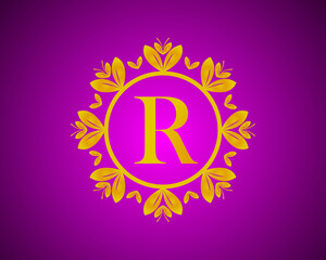 Alphabet R luxury logo design with gold color gradation and gold leaf circle suitable for bathing, hotel, beauty and grooming. against a violet VelVet background.