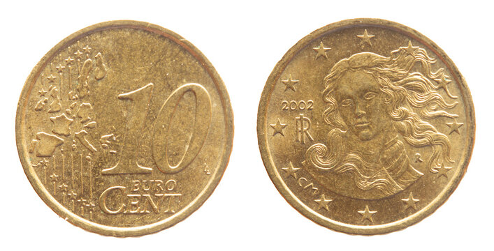 Italy - circa 2002: a 10 cent coin of Italy with the map of Europe and a portrait of the Sandro Boticellis Venus with waving hair