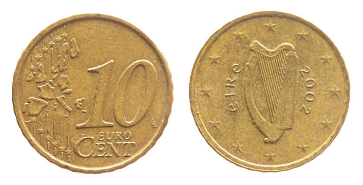 Ireland - circa 2002: a 10 cent coin of Ireland featuring the map of Europe and the traditional Irish harp musical instrument