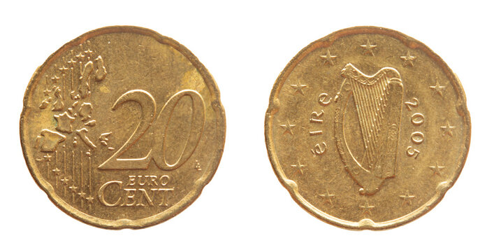 Ireland - circa 2005: a 20 cent coin of Ireland with a map of Europe and the traditional Irish harp musical instrument