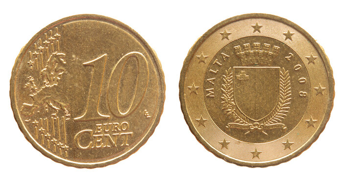 Malta - circa 2008: a 10 cent coin of Malta with the map of Europe and the coat of arms of Malta
