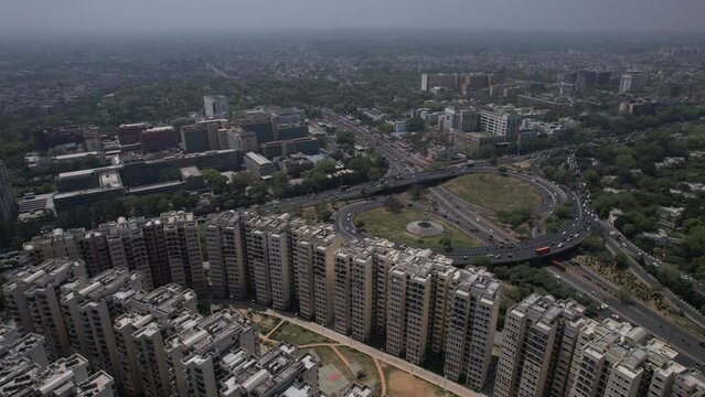 An aerial shot of the flyover with running traffic in New Delhi, India
