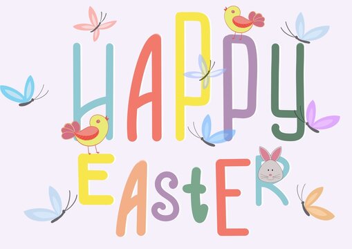 Lettering Happy Easter with cute birds, funny rabbit and butterflies