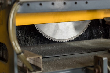 Metal silver circular saw blades for metal work as industrial tool background. Table saw cutting...